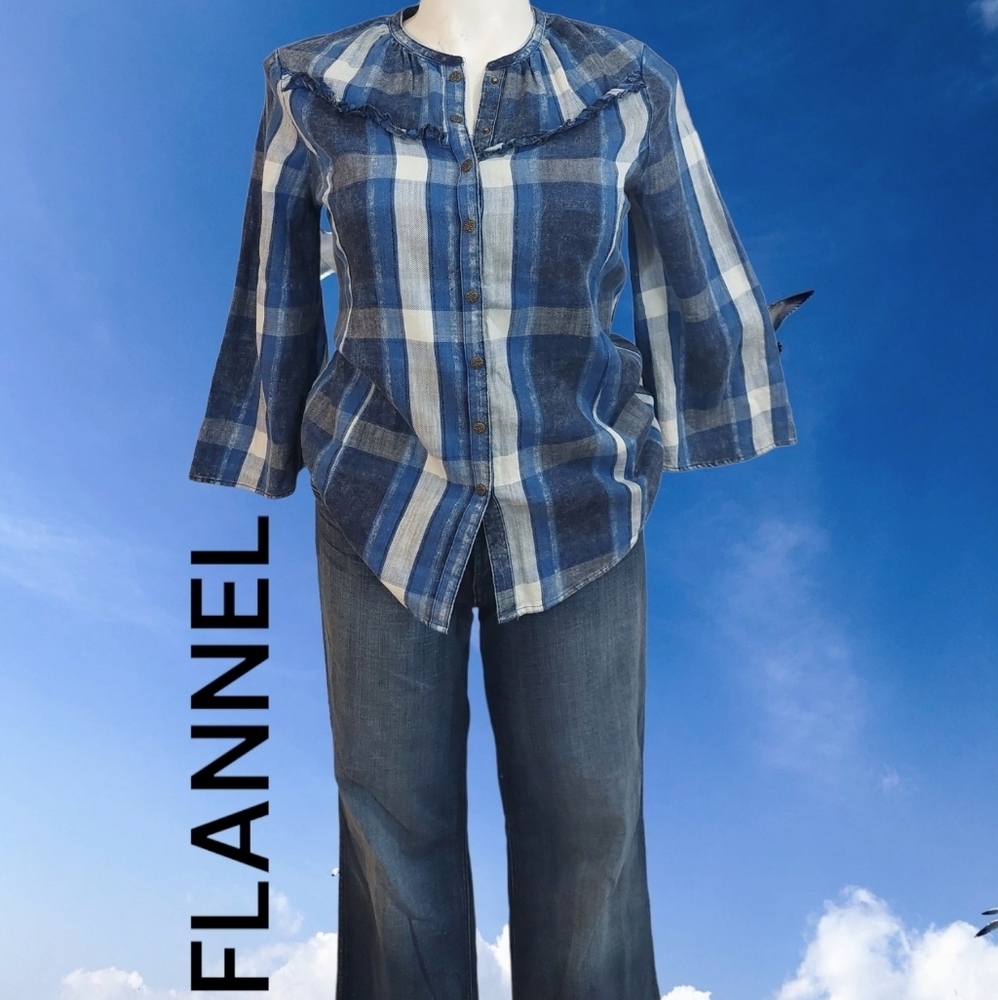 Reba Blue Flannel Blouse Sz M Snap Button Front 100% Cotton - Picture 12 of 12